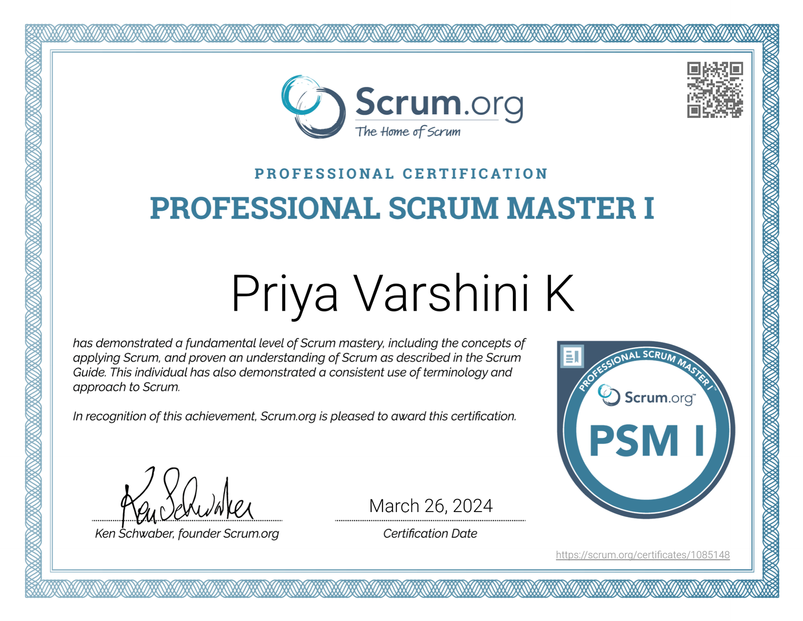 Professional Scrum Master I (PSM I) Certificate - Scrum.org